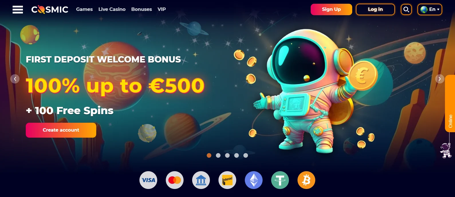 CosmicSlot Mājaslapas Izskats