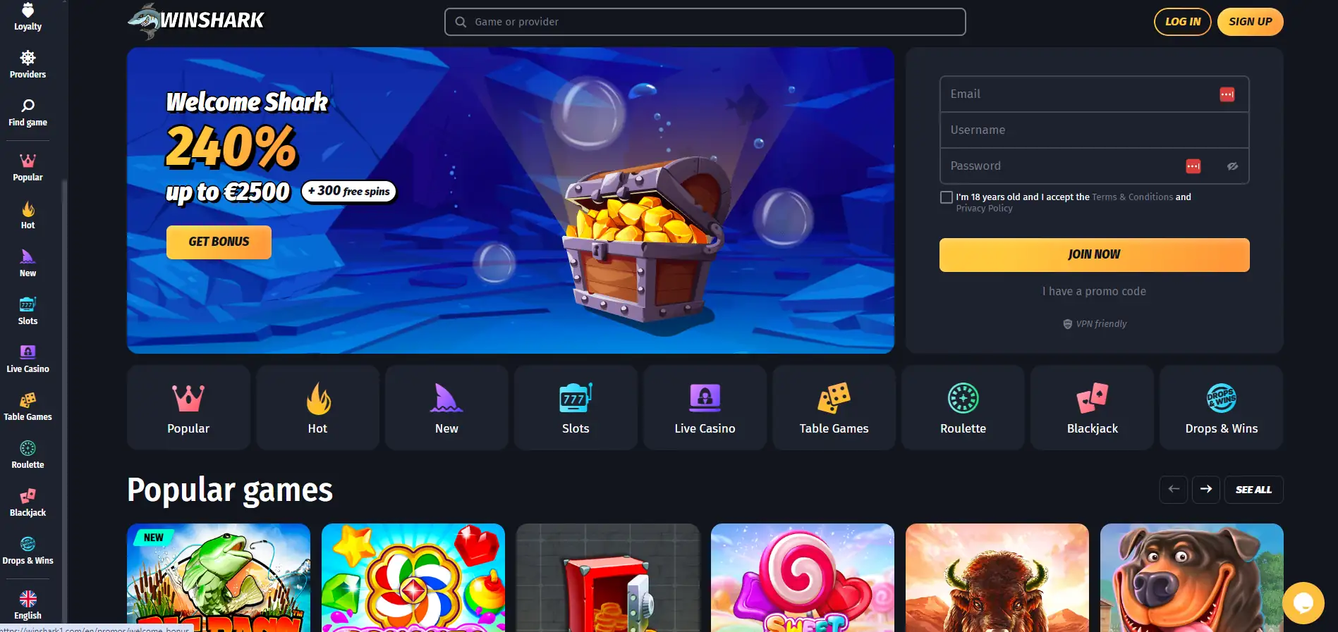 Winshark игры казино