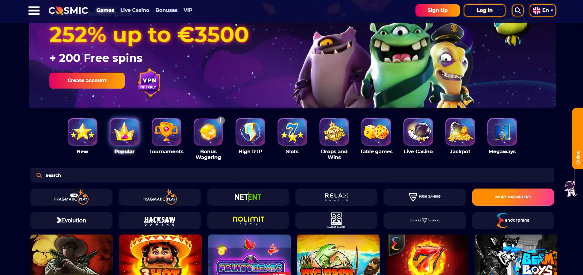 CosmicSlot kazino žaidimai