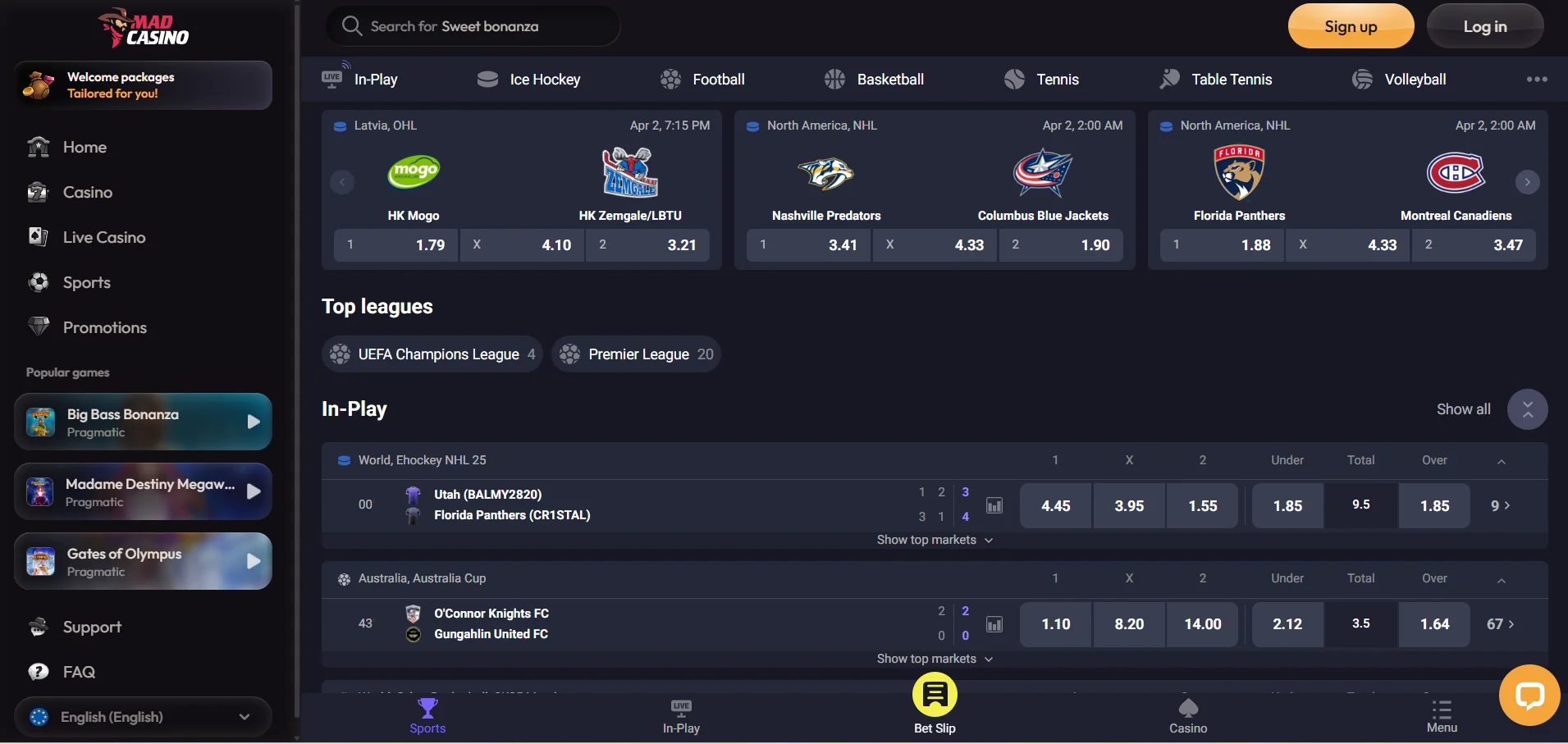 MadCasino sporta likmes