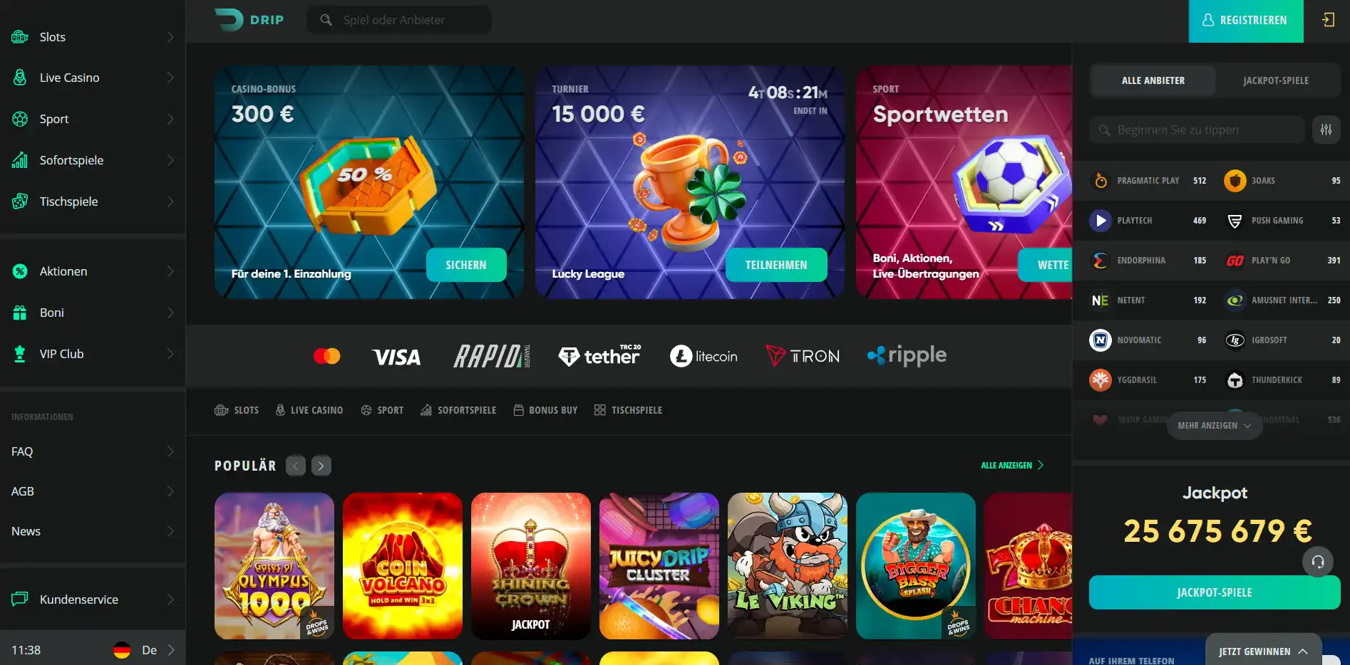 Drip Casino Homepage in der Schweiz