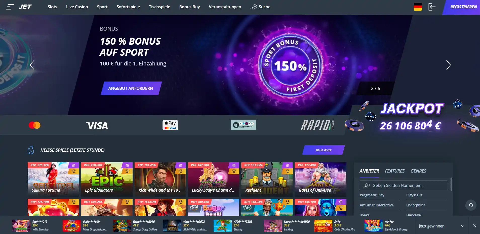 Jet Casino Homepage