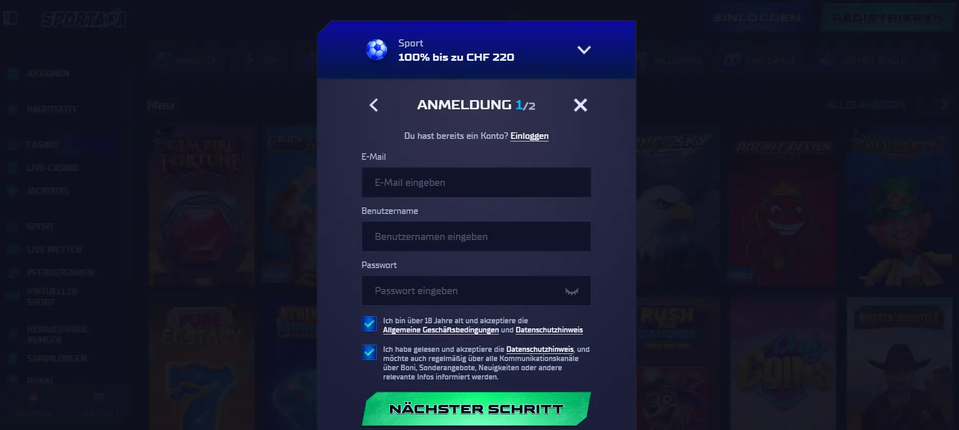 Sportaza Login und Registrierung