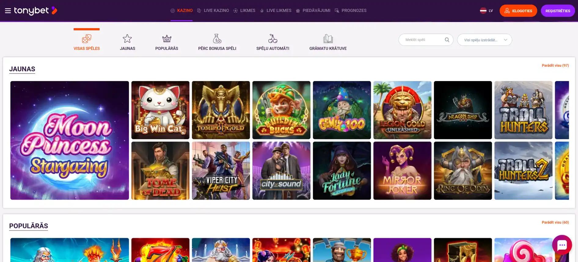 TonyBet spēļu lapa