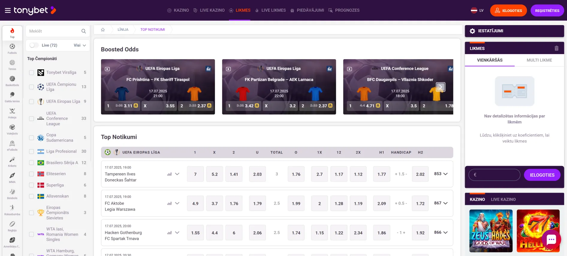 TonyBet sporta likmju lapa