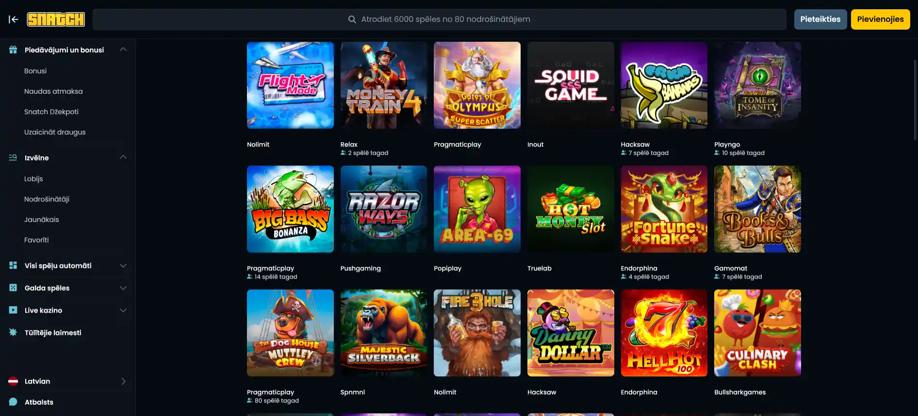 Snatch Casino spēļu lapa