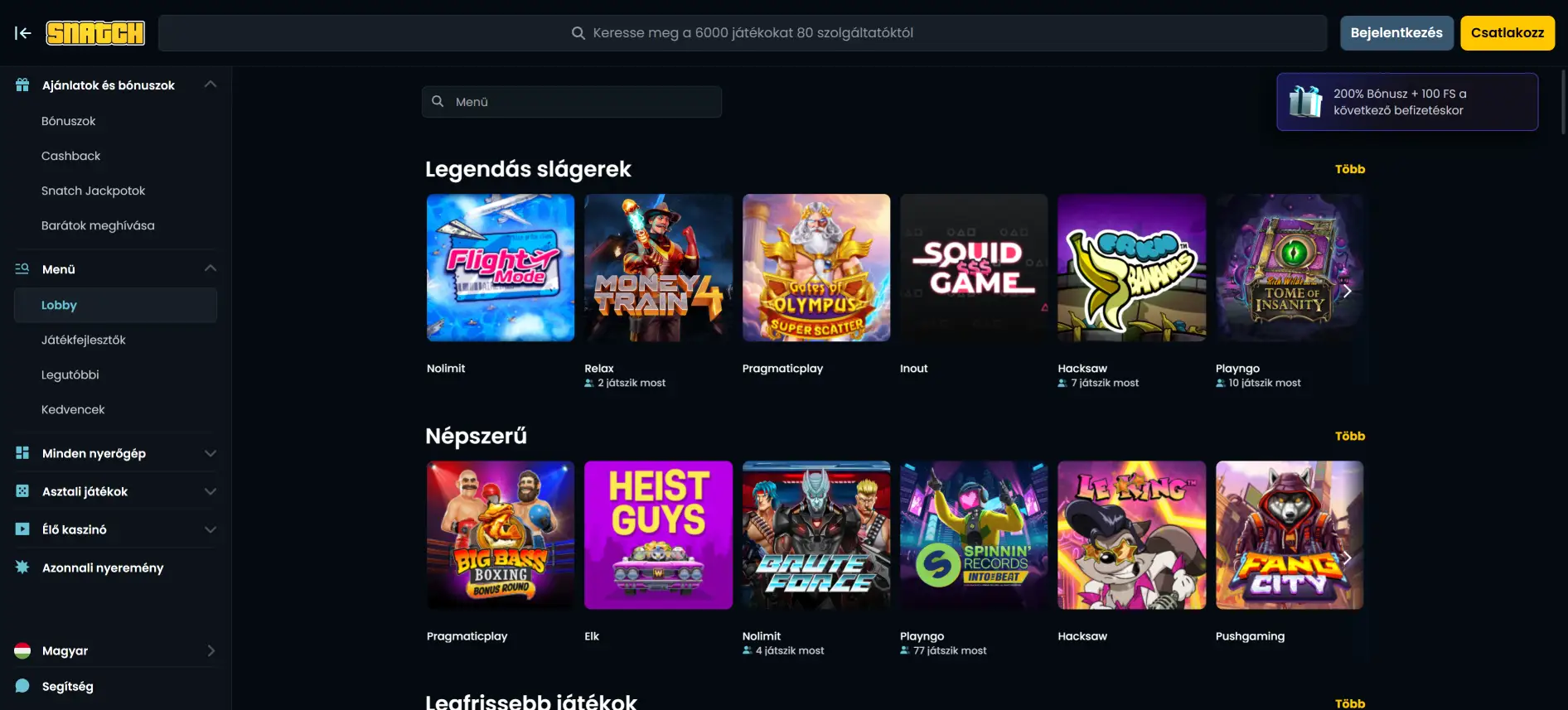 Snatch Casino kaszinójátékok oldal