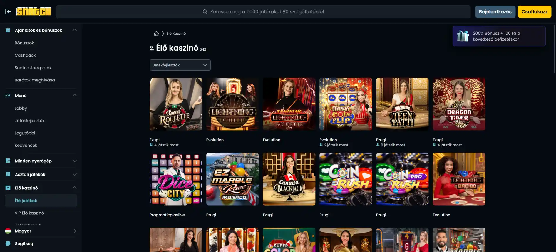 Snatch Casino élő kaszinó oldala