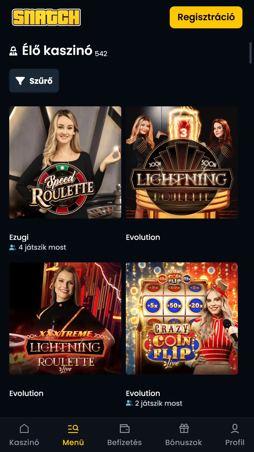 Snatch Casino élő kaszinó