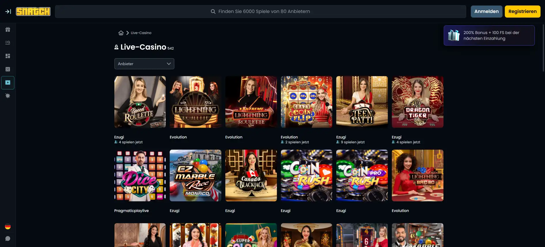 Snatch Casino Live-Casino-Seite