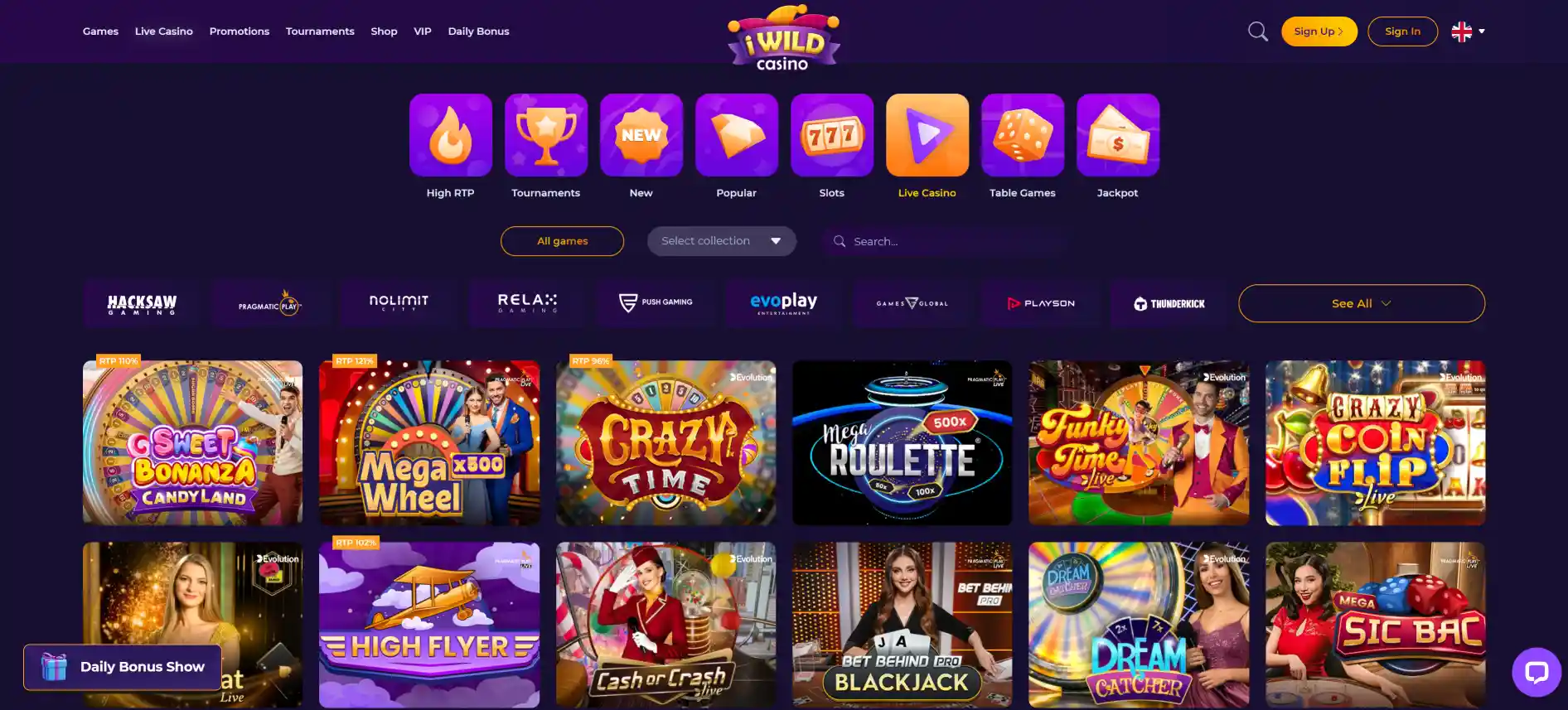 iWild Casino live casino page