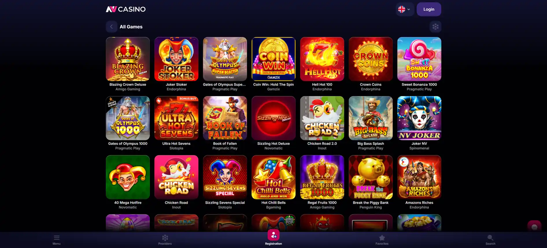 NV Casino spēļu lapa
