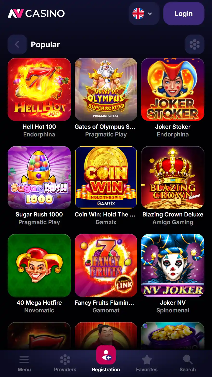 NV Casino žaidimų puslapis