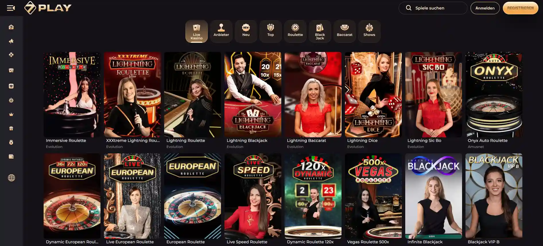 SevenPlay Live-Casino Seite