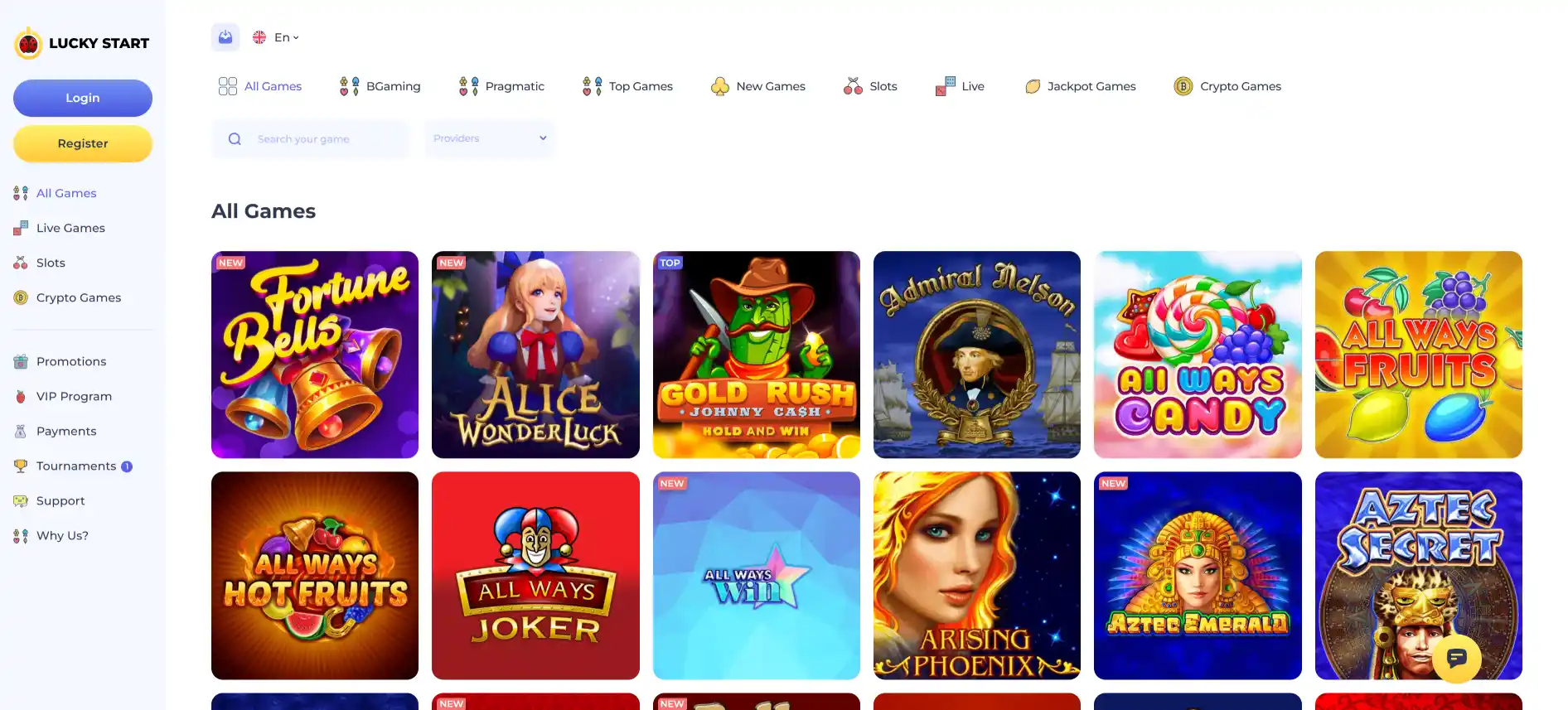 LuckyStart Casino games page