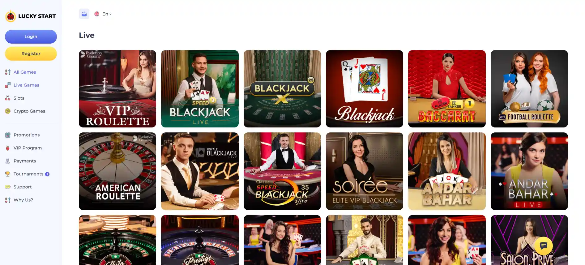 LuckyStart Casino live casino page