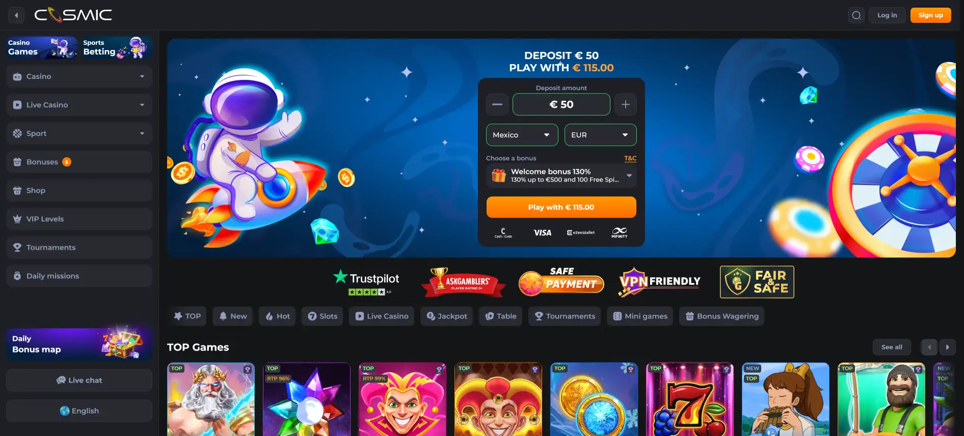 Página de inicio del casino CosmicSlot