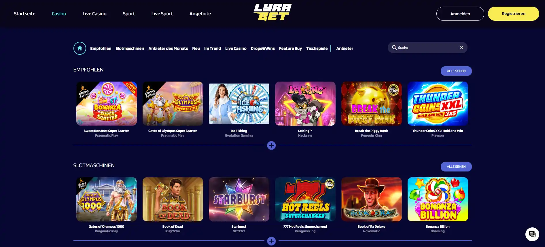LyraBet Casino Spiele Seite