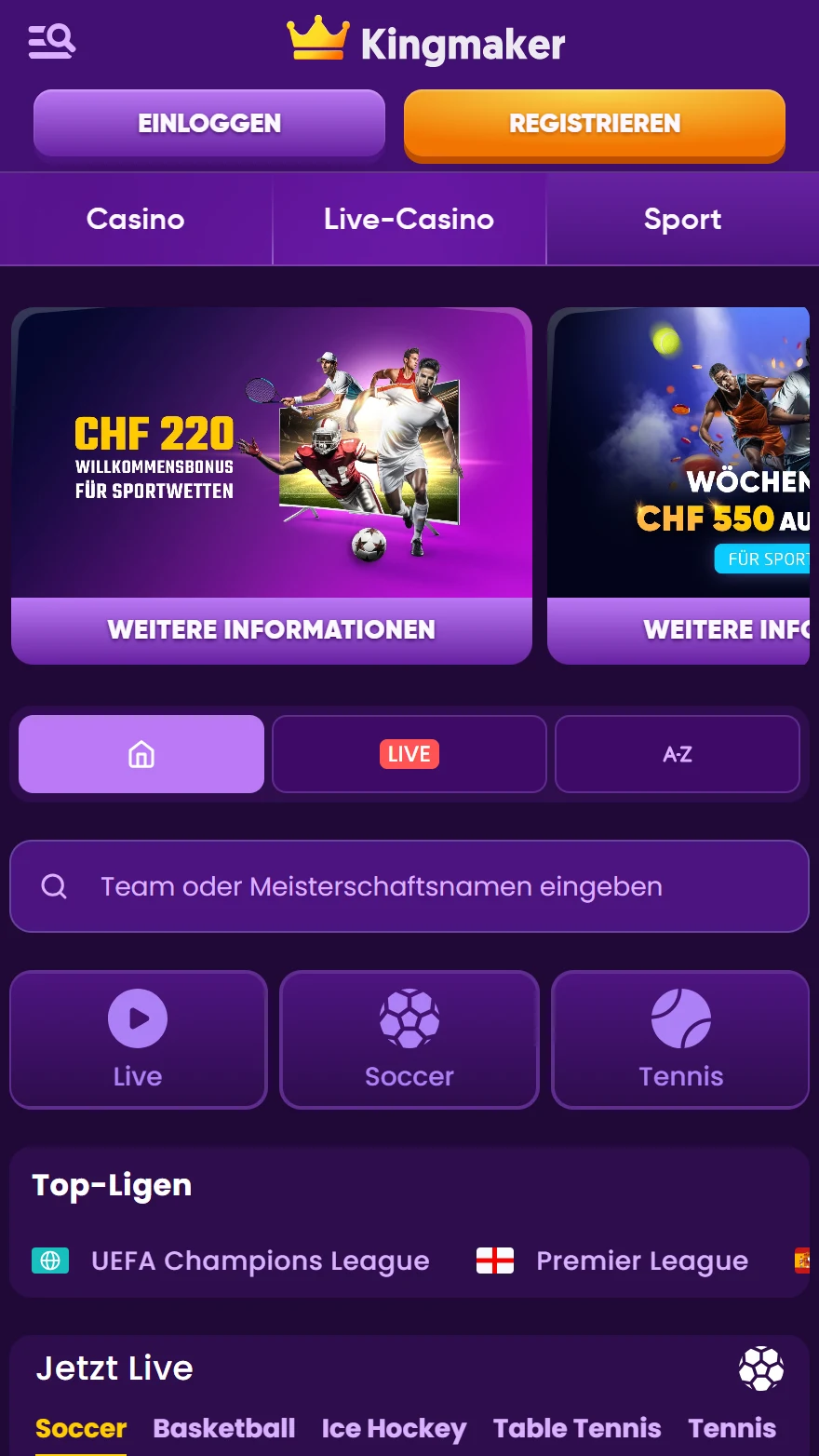 Kingmaker Sportwetten-Seite