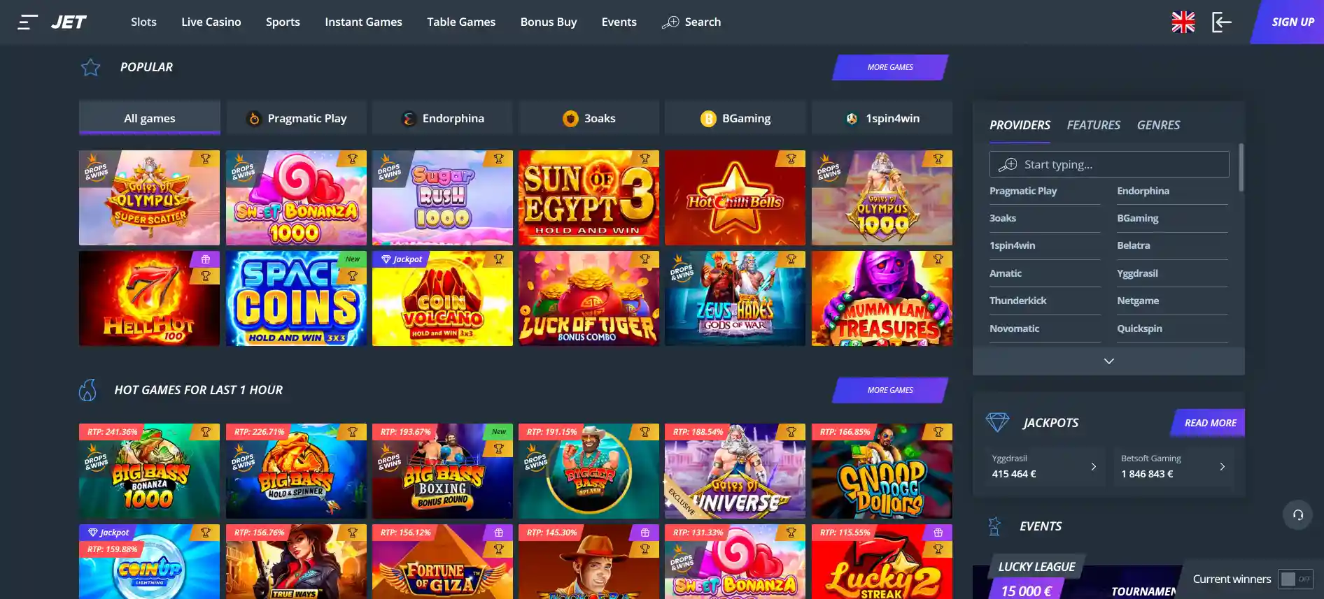Jet Casino spēļu lapa