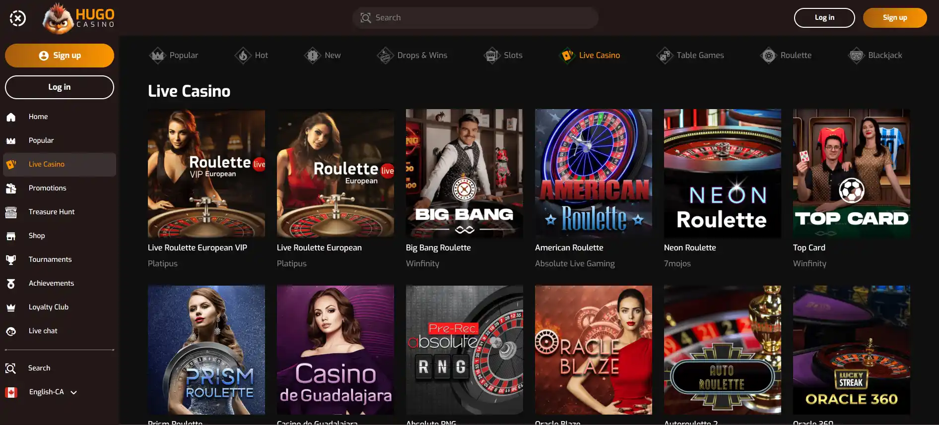 Hugo Casino live games page