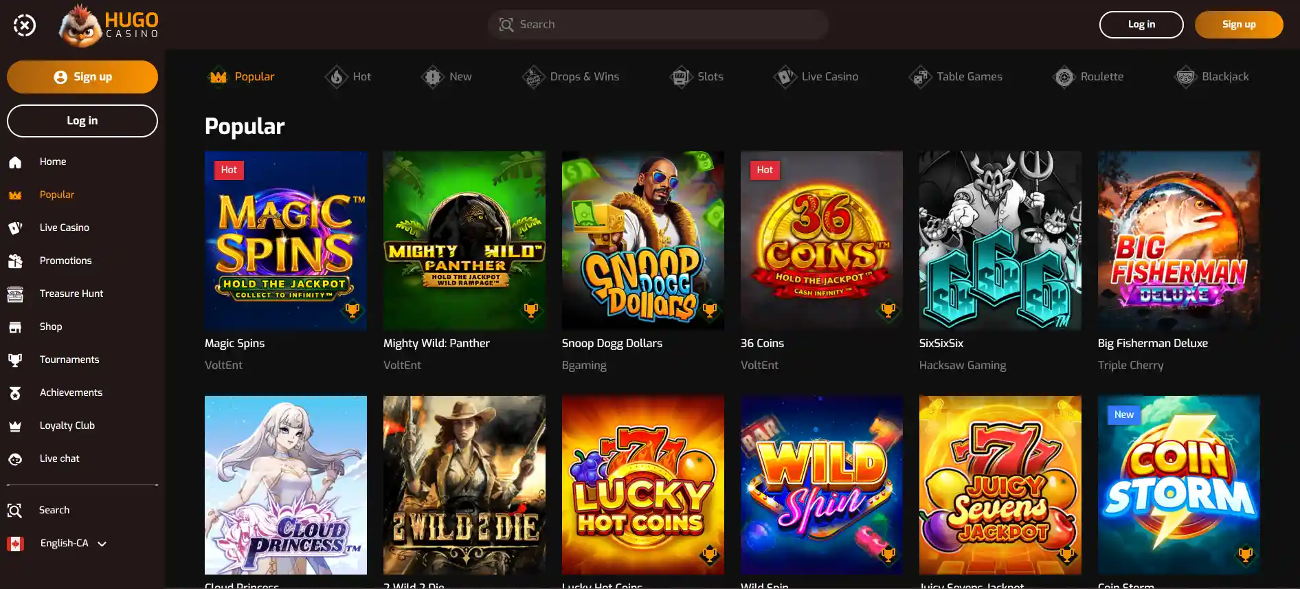 Hugo Casino games page