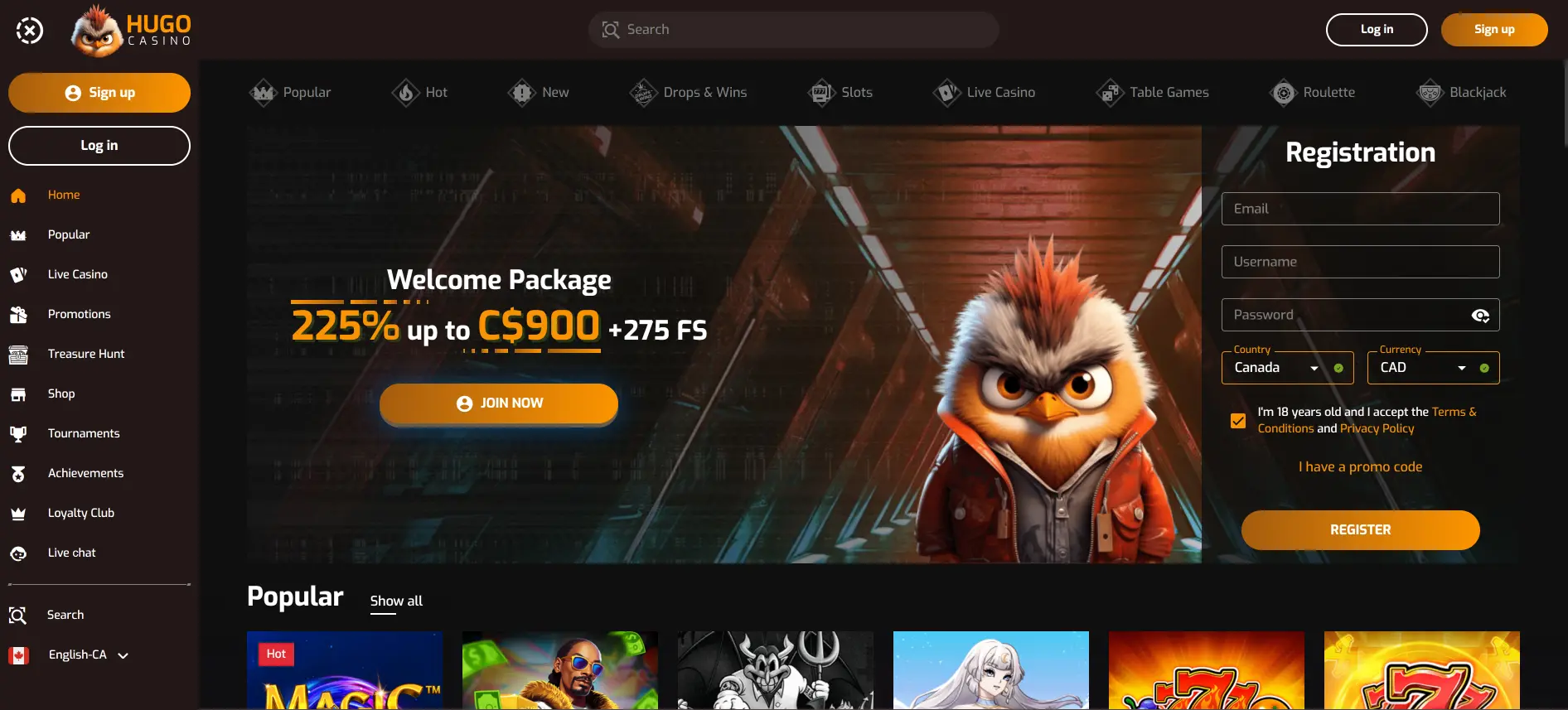 Hugo Casino homepage