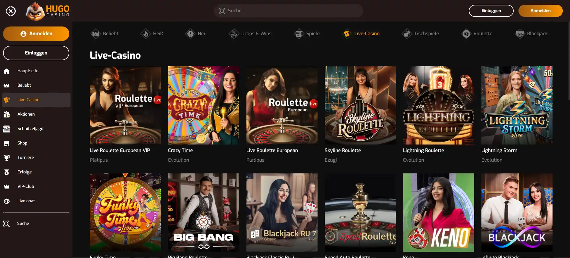 Hugo Casino Live-Casino-Seite