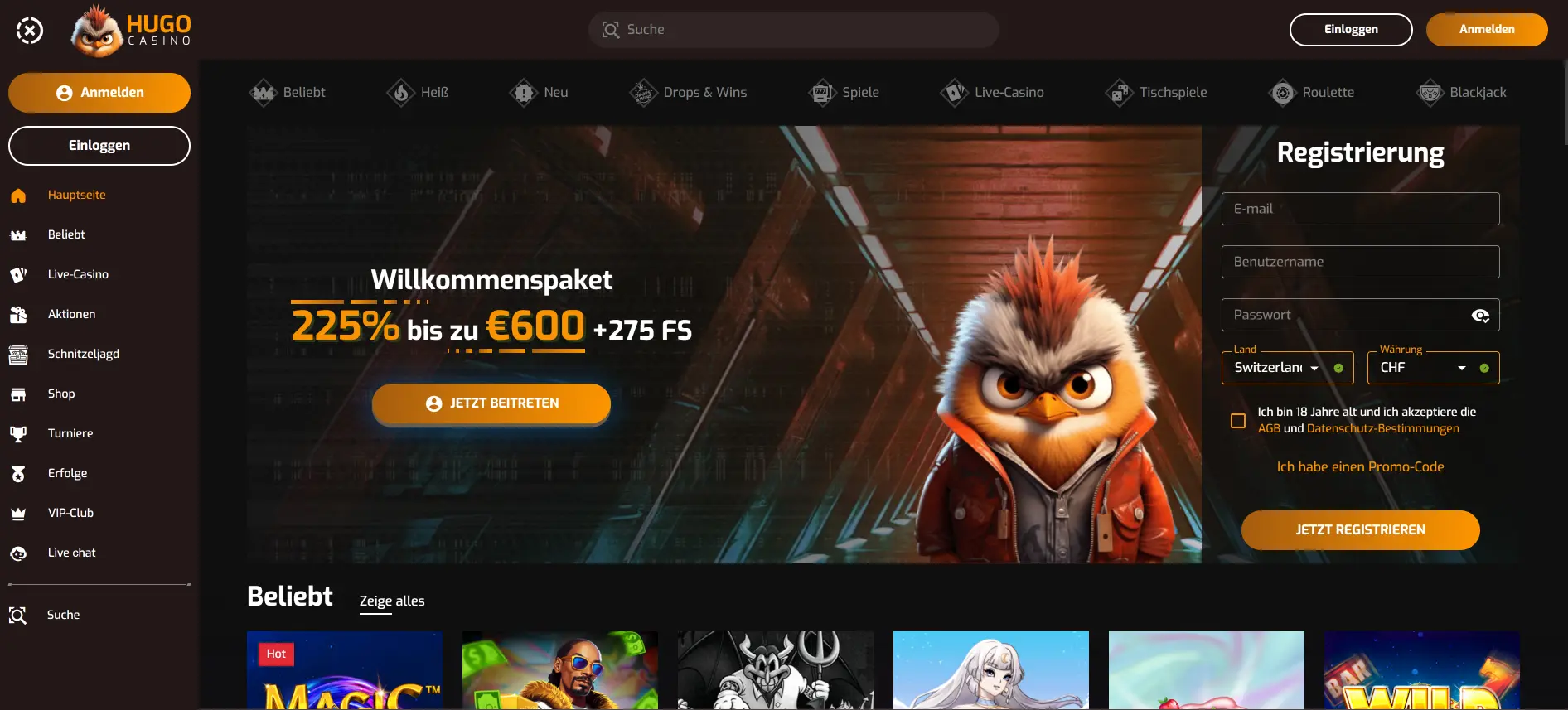 Hugo Casino Homepage