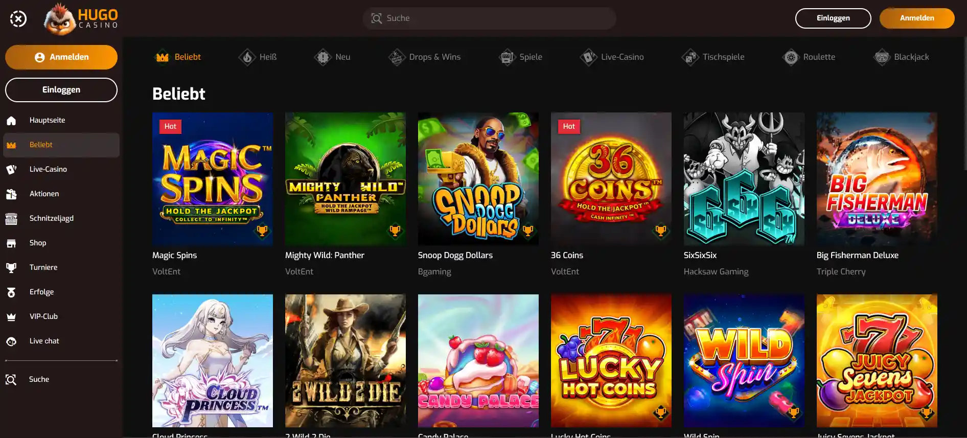 Hugo Casino Spieleseite