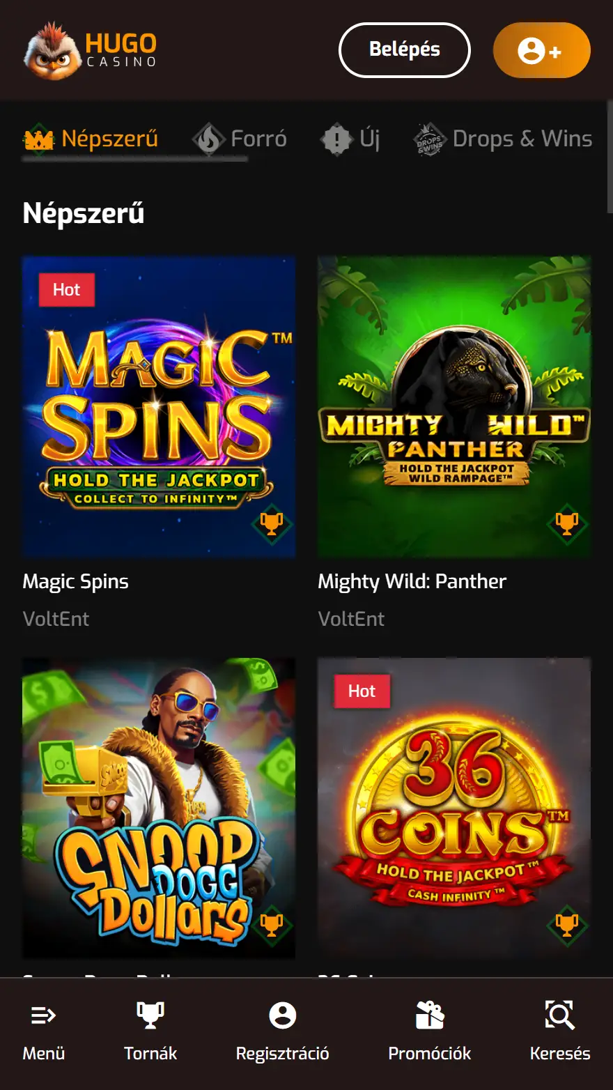 Hugo Casino játékok oldala
