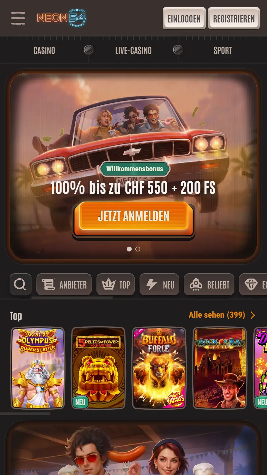 Neon54 Casino Homepage