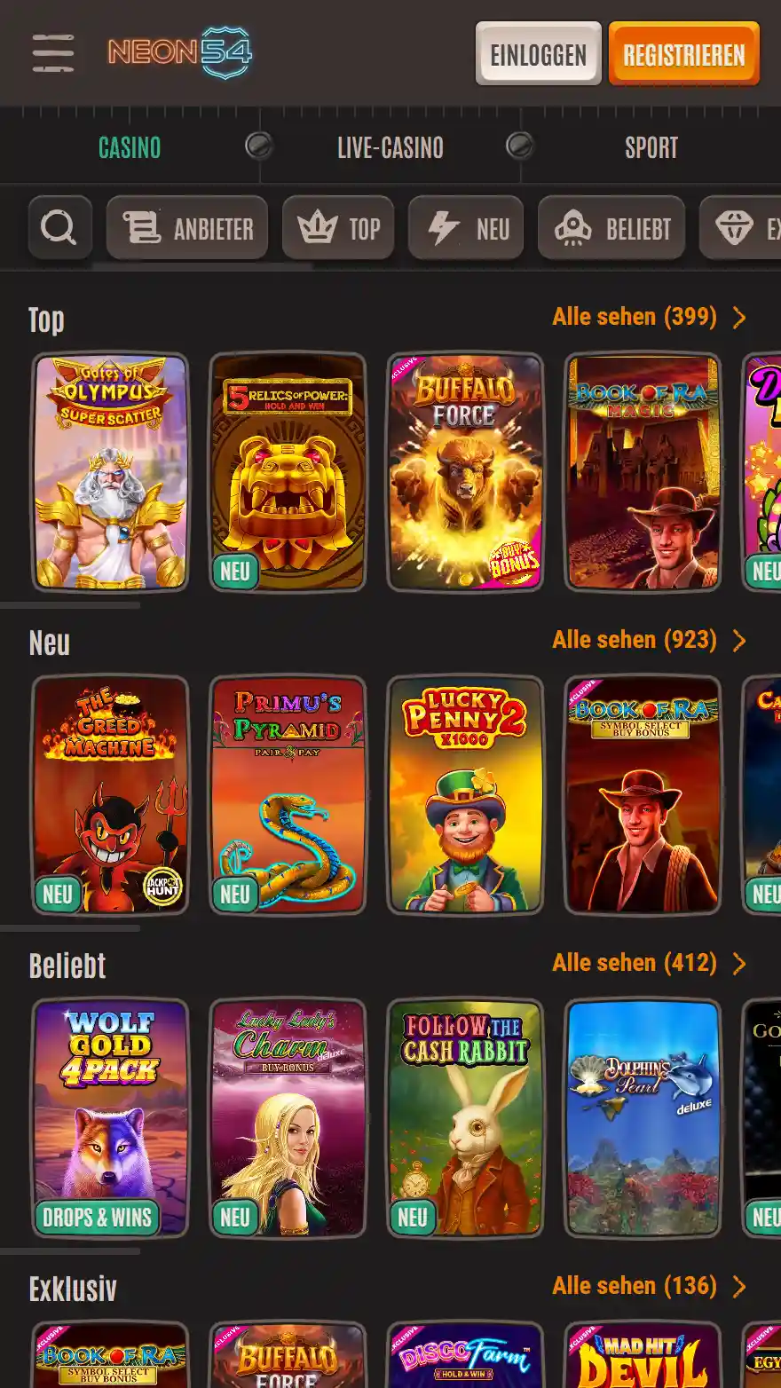 Neon54 Casinospieleseite