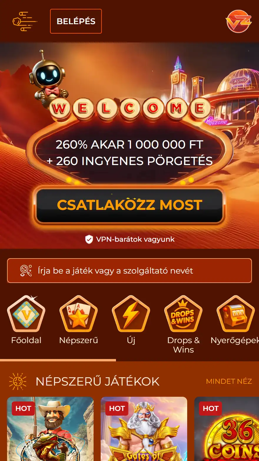 Vegazone kaszinó honlapja