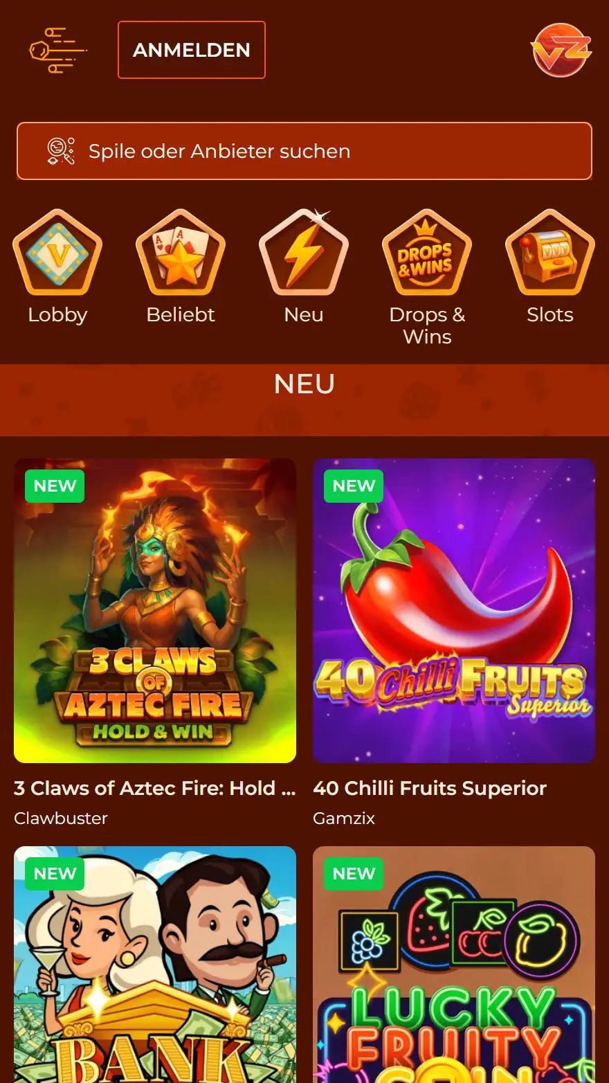 Vegazone Casino Spieleseite