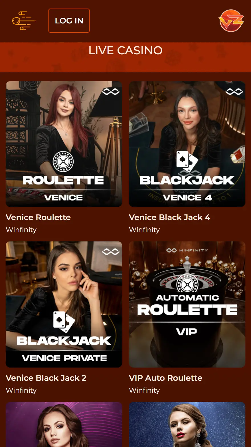 Vegazone live casino page
