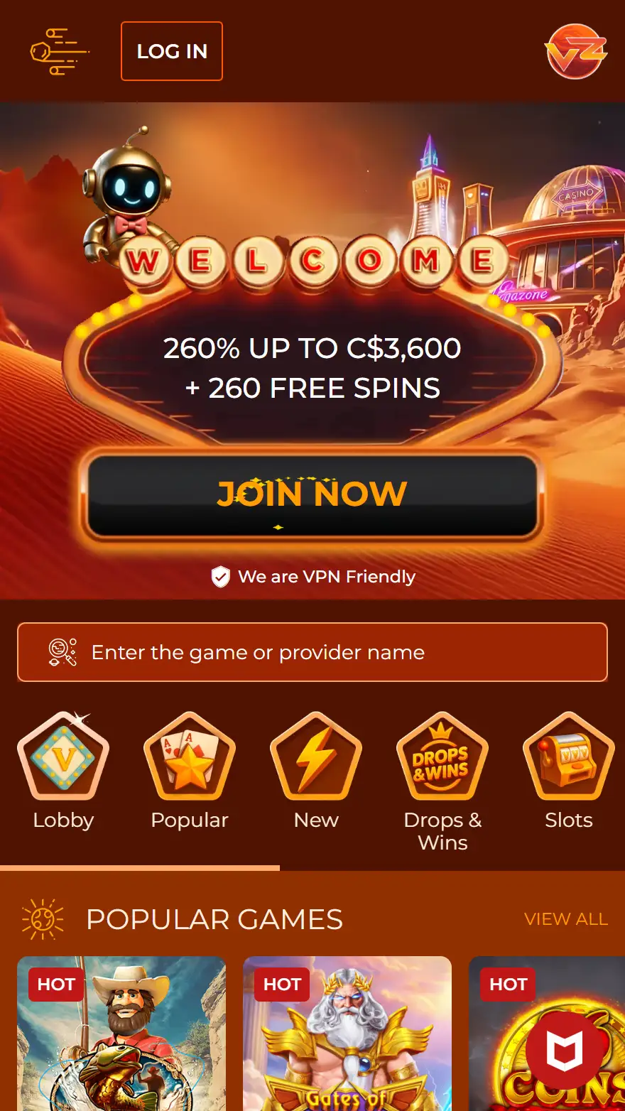 Vegazone casino homepage