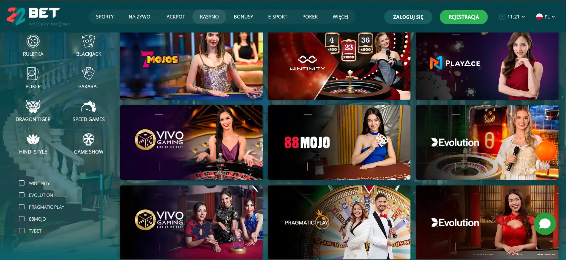 22Bet sekcja live kasyno