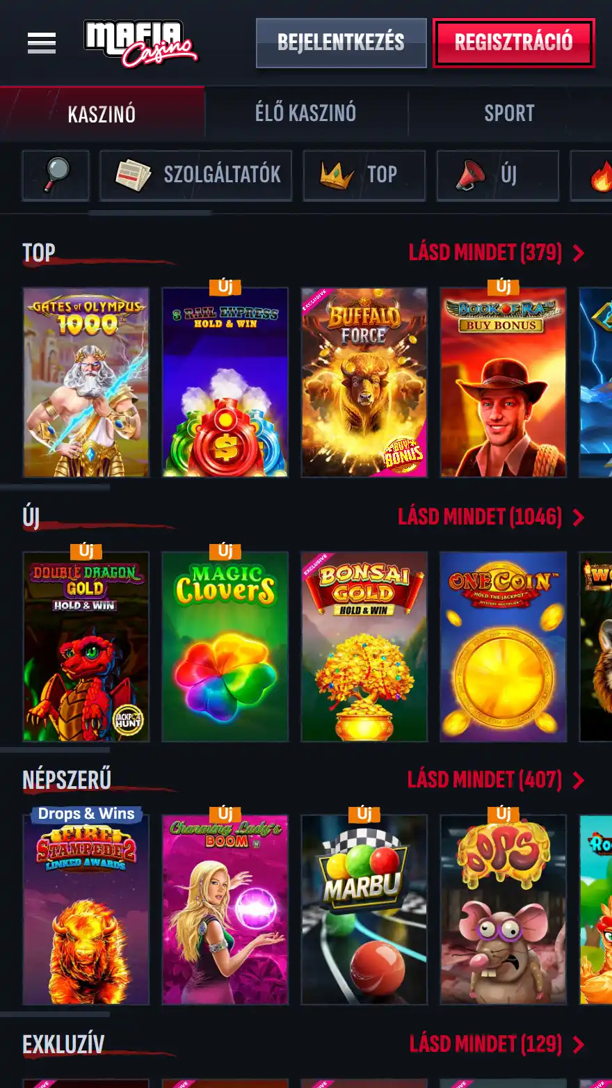 Mafia Casino játékok oldala