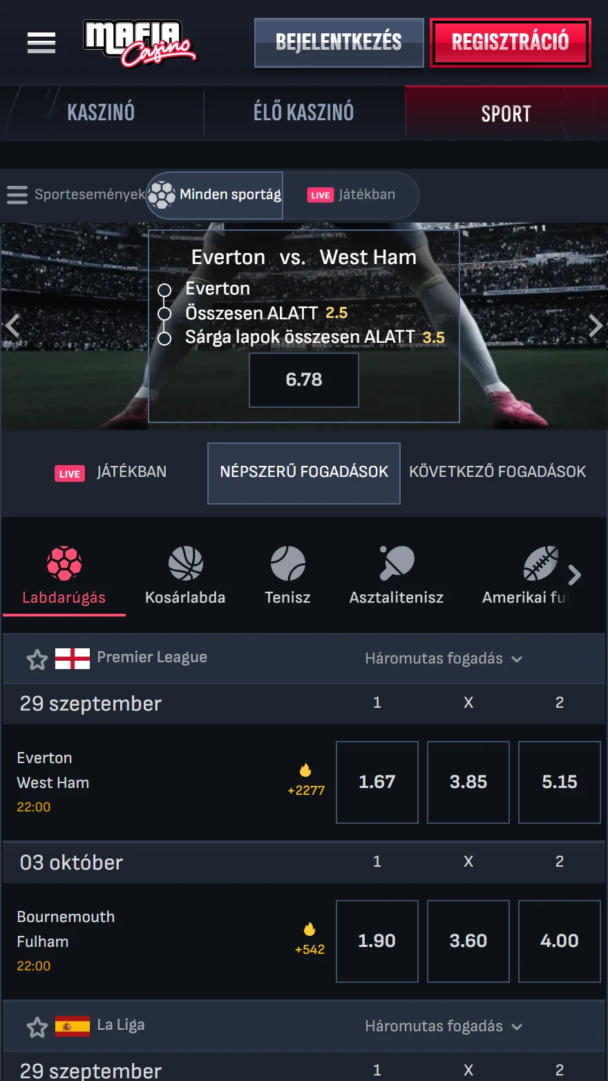 Mafia Casino sportfogadás oldala