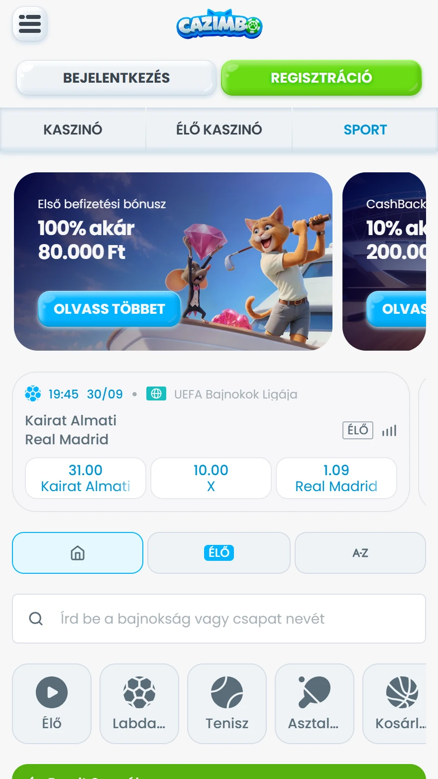 Cazimbo sportfogadás oldala