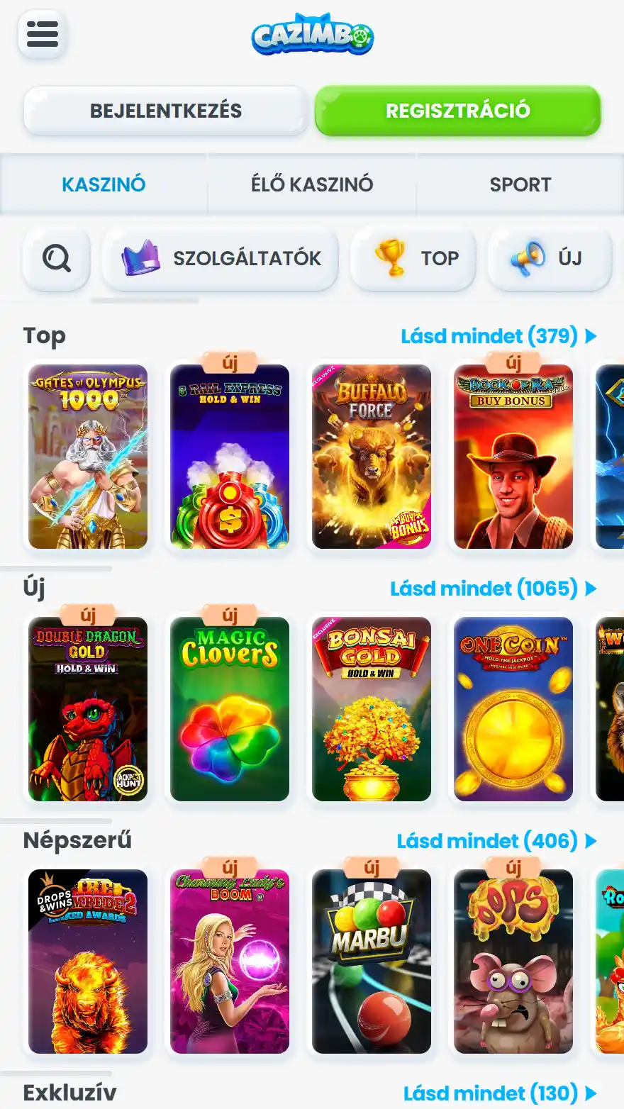Cazimbo kaszinójátékok oldala