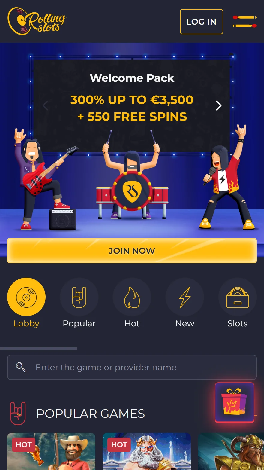 Rolling Slots kazino pagrindinis puslapis