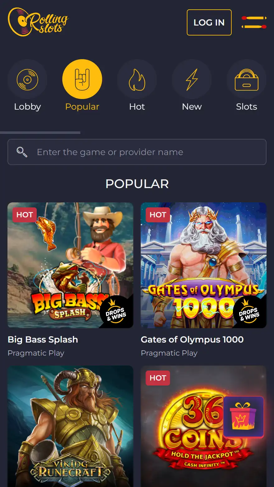 Rolling Slots kazino žaidimų puslapis