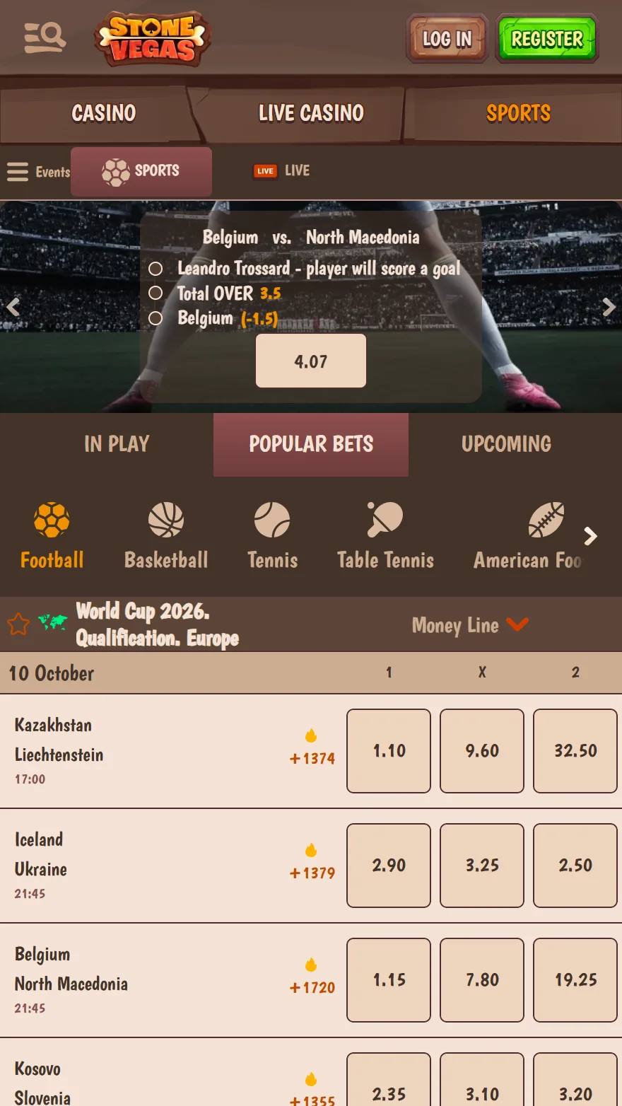 Stonevegas sporta likmju lapa