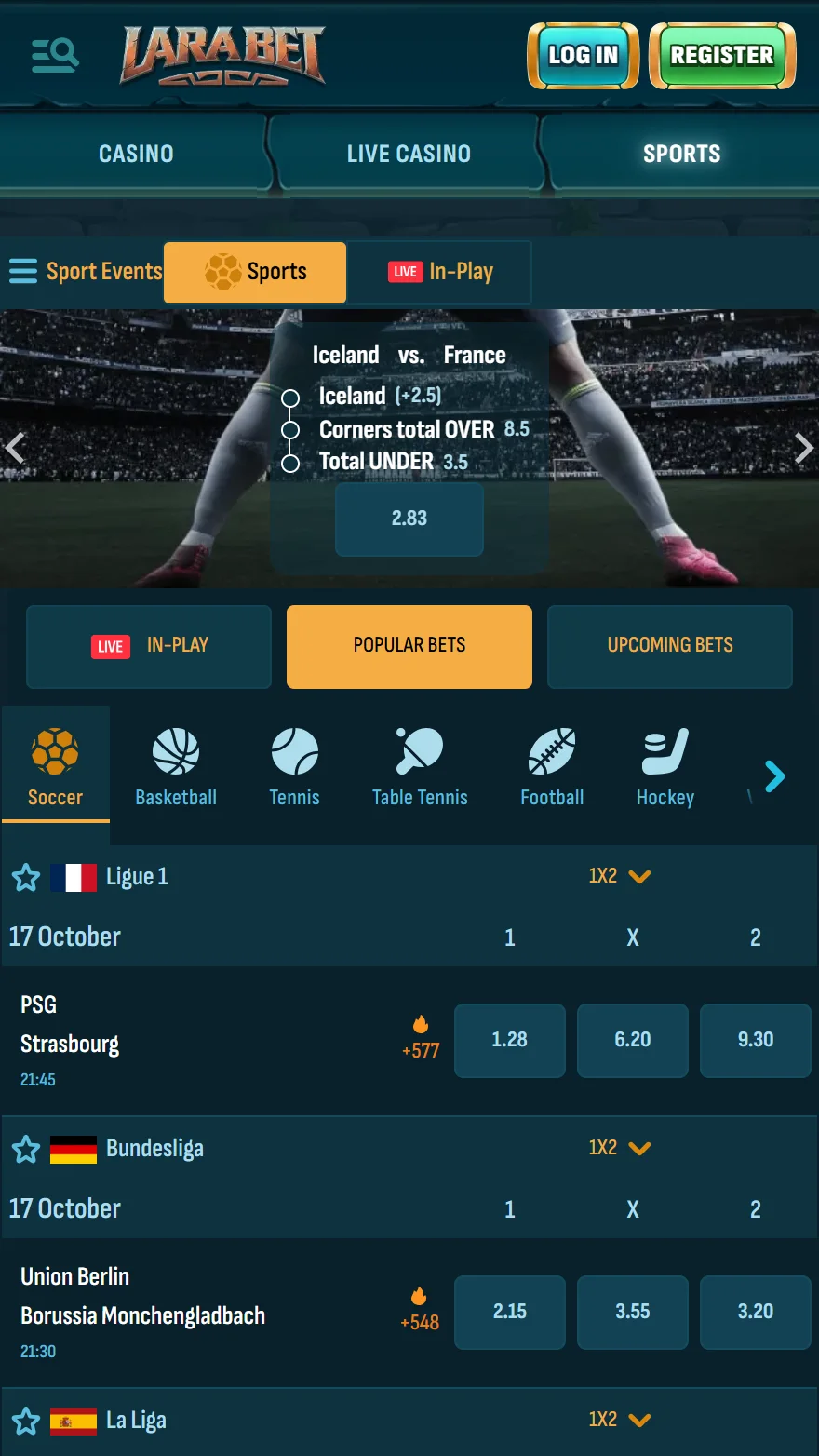 Larabet sports betting page