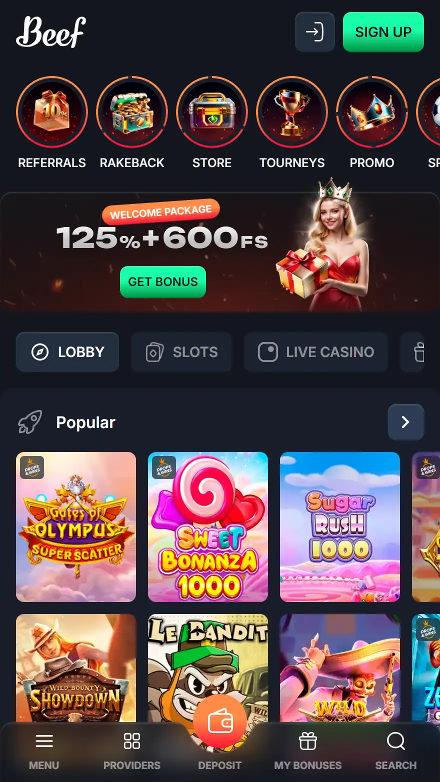 Beef Casino homepage