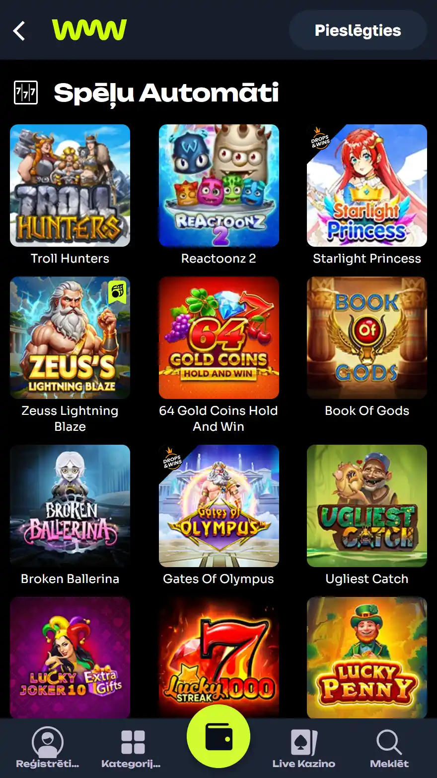 WatchMeWin Casino spēļu lapa