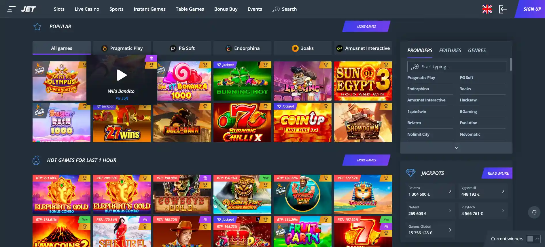 Jet Casino játékok