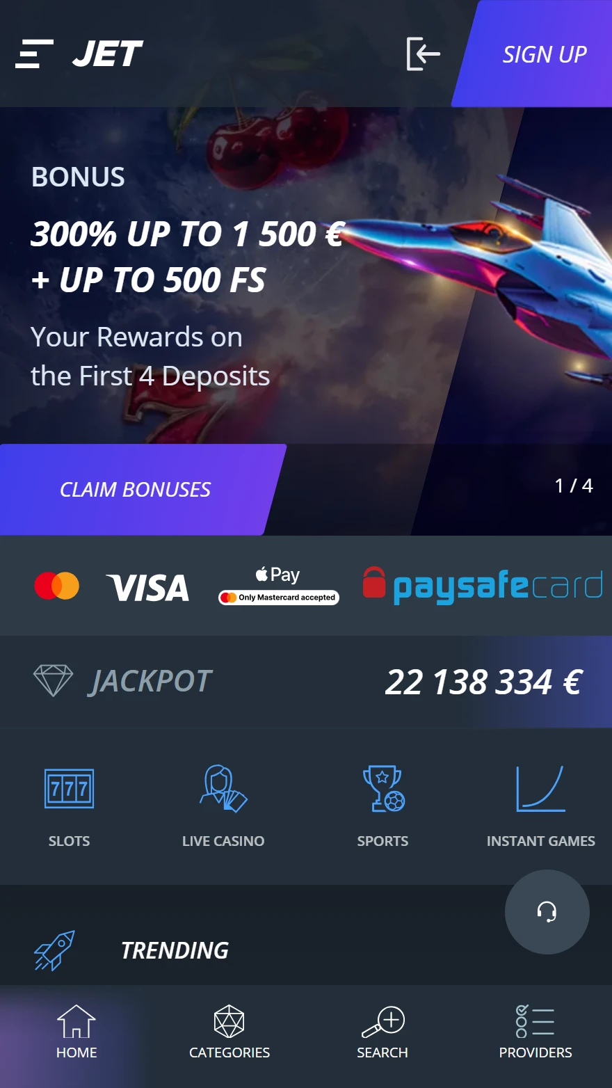 Jet Casino honlapja